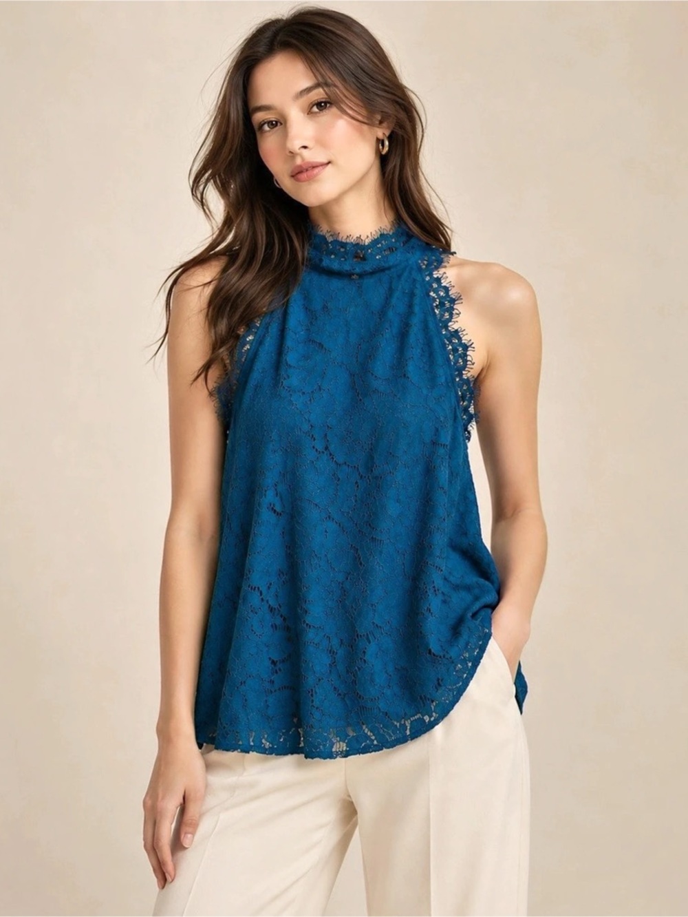 Diane von Furstenberg Teal Blue Lace High Neck Sleeveless Blouse Size Small
